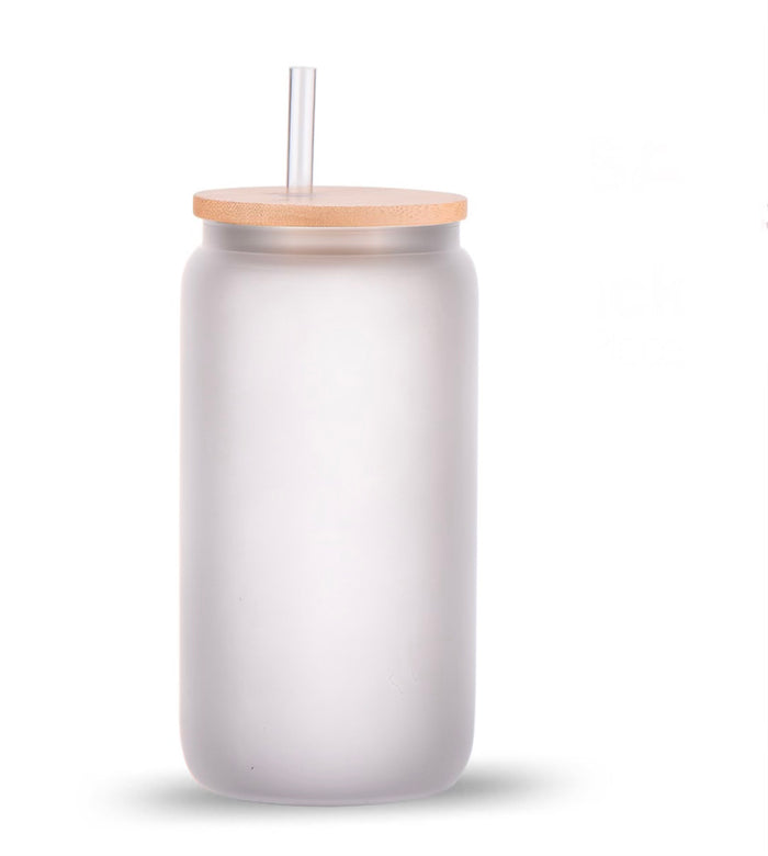 Frosted glass tumbler with straw